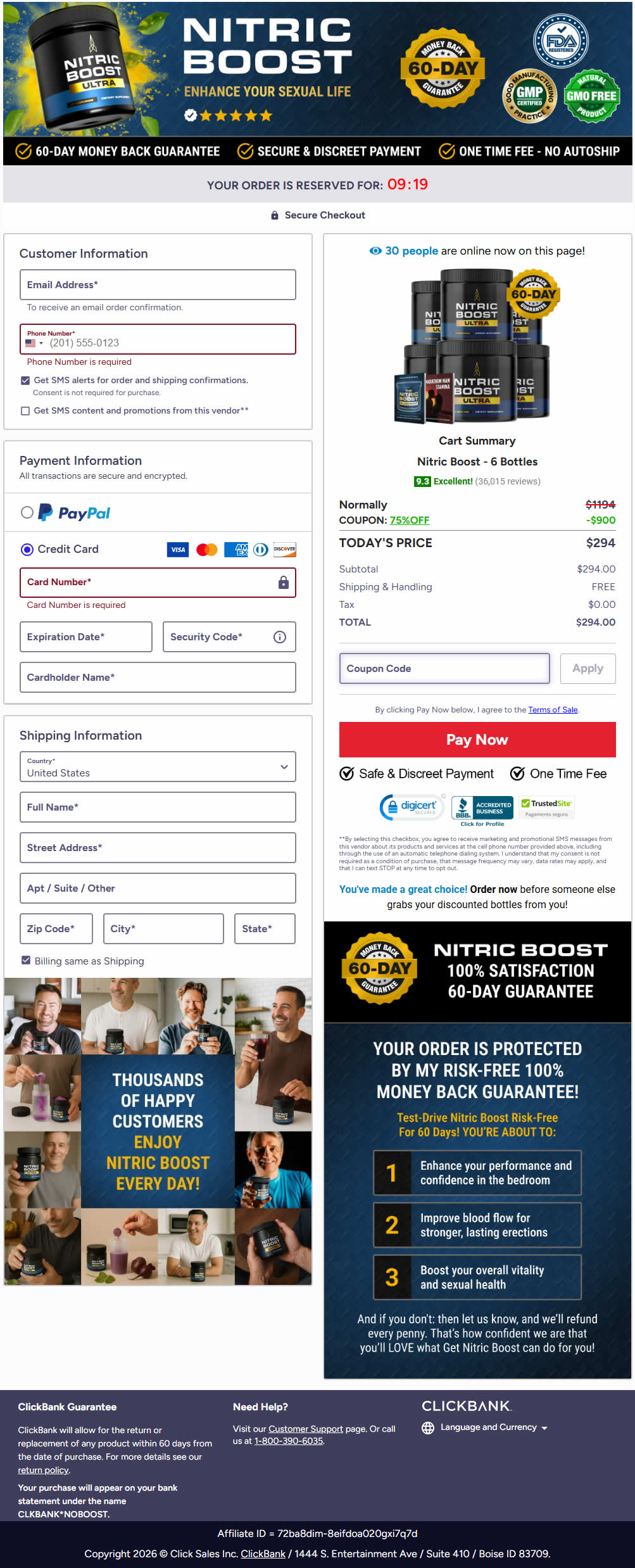 Nitric Boost Ultra Order Checkout Page